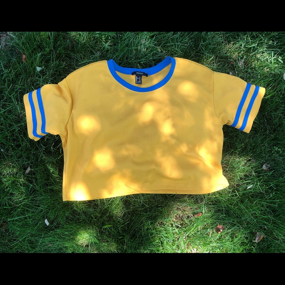 blue and gold varsity crop top